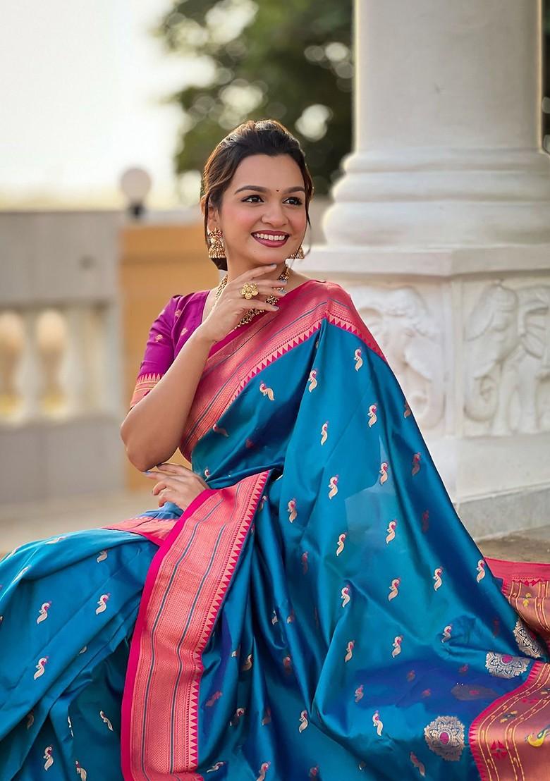 Blue Zari Printed Blended Saree Set - Indya