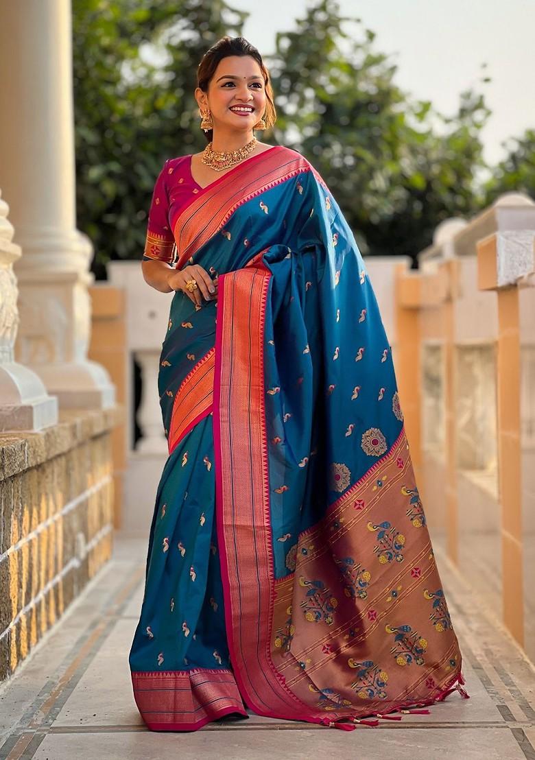 Blue Zari Printed Blended Saree Set - Indya