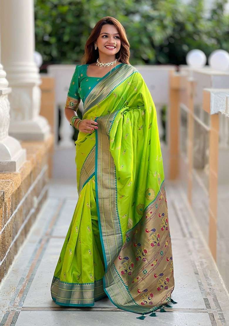 Green Zari Blended Saree Set with Printed for Diwali | Wedding & Festive Wear - Indya