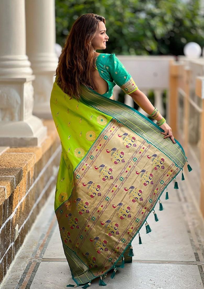 Green Zari Printed Blended Saree Set - Indya