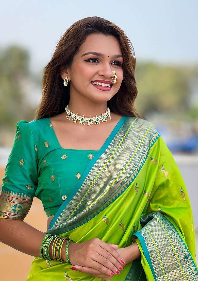 Green Zari Blended Saree Set with Printed for Diwali | Wedding & Festive Wear - Indya