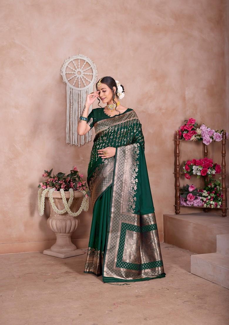Green Zari Printed Blended Saree Set - Indya