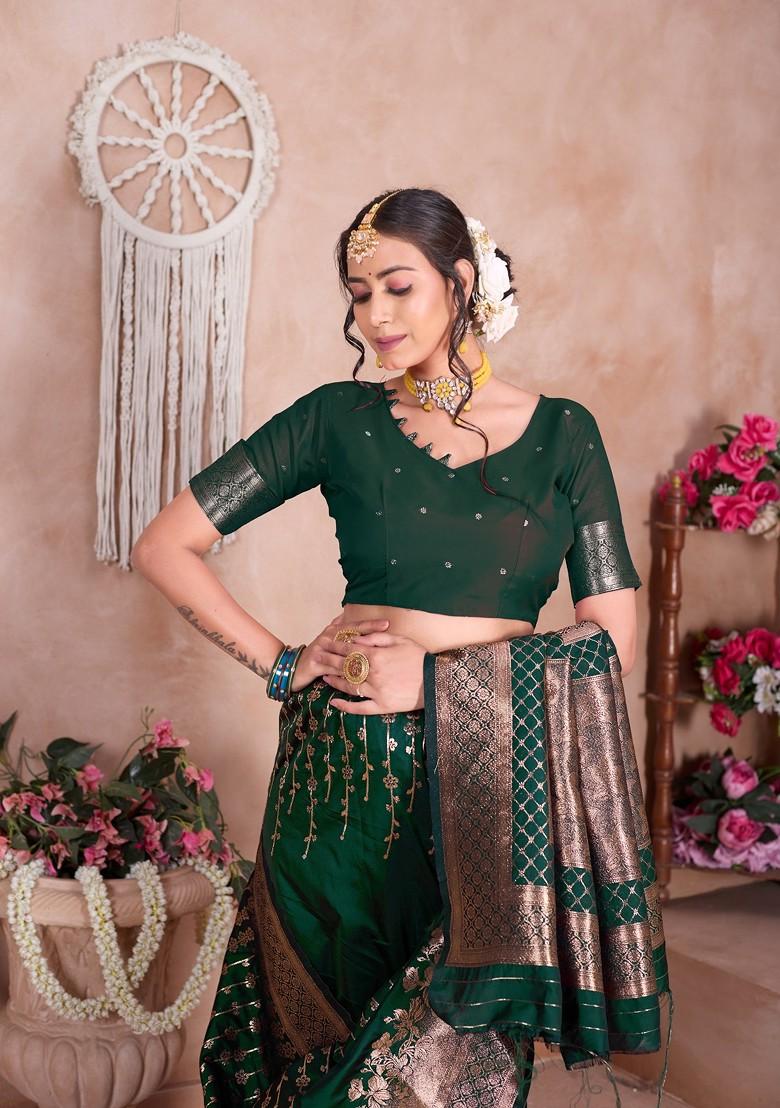 Green Zari Printed Blended Saree Set - Indya