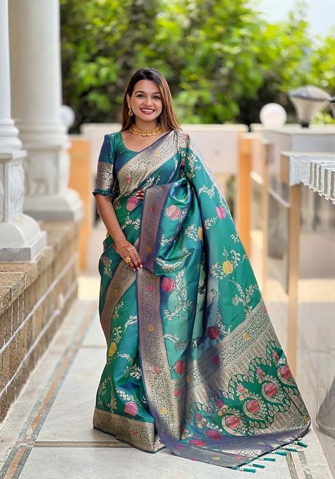 Teal Zari Printed Blended Saree Set