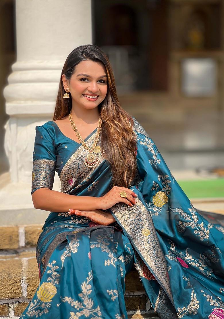 Blue Zari Printed Blended Saree Set - Indya