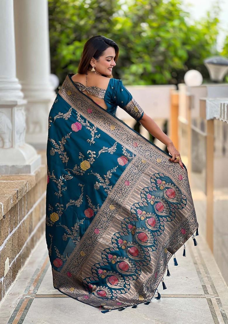 Blue Zari Printed Blended Saree Set - Indya