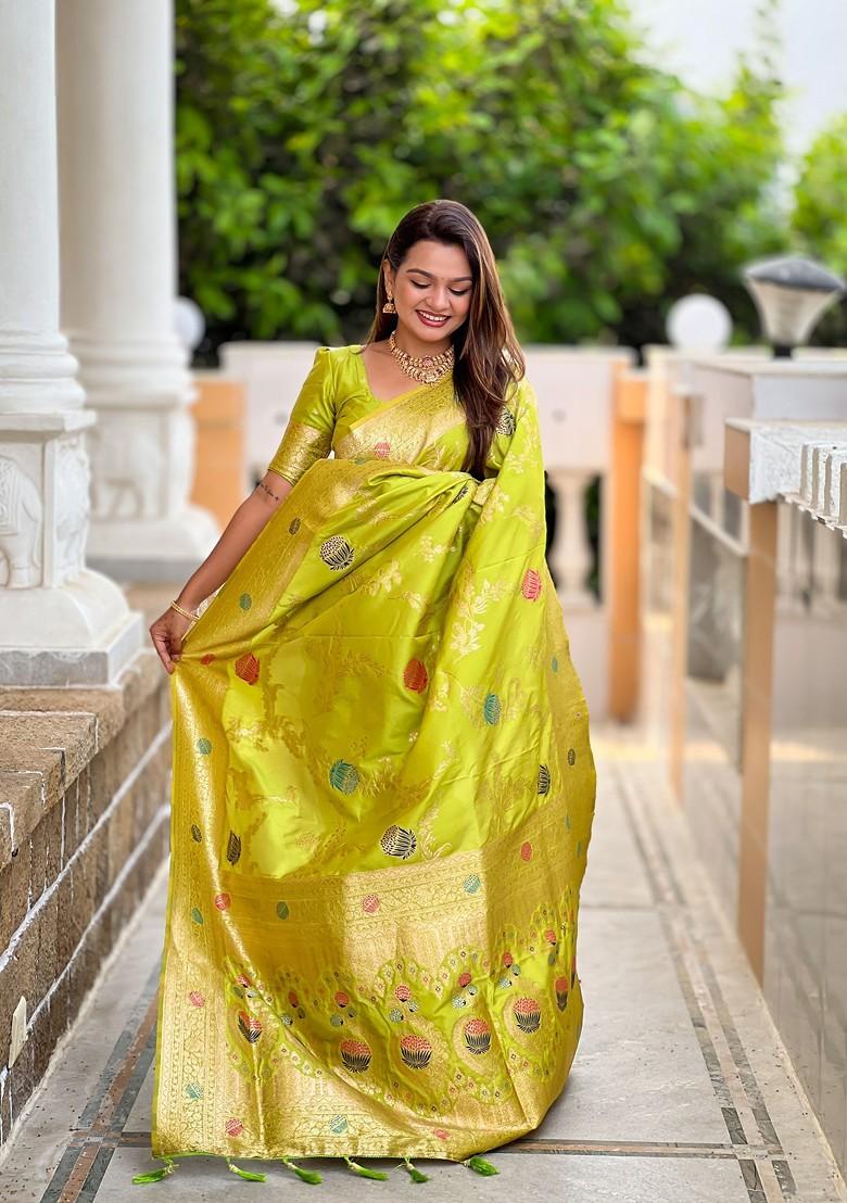 Green Zari Printed Blended Saree Set - Indya