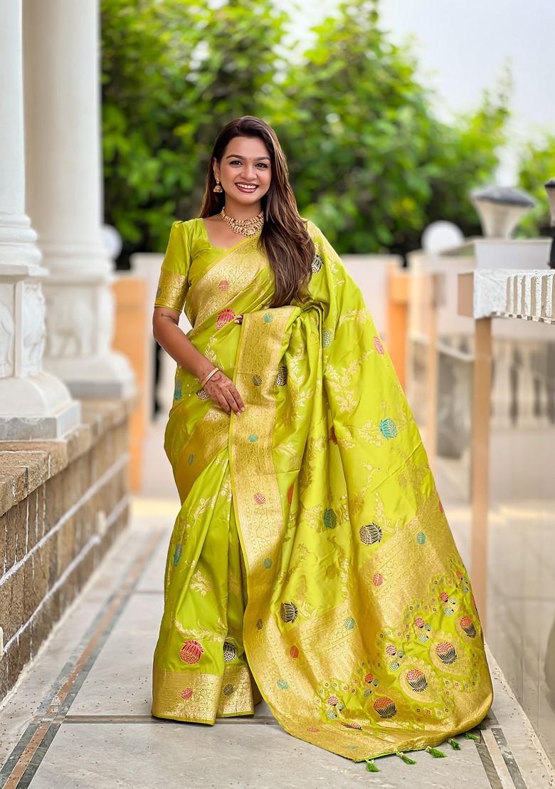 Green Zari Printed Blended Saree Set - Indya