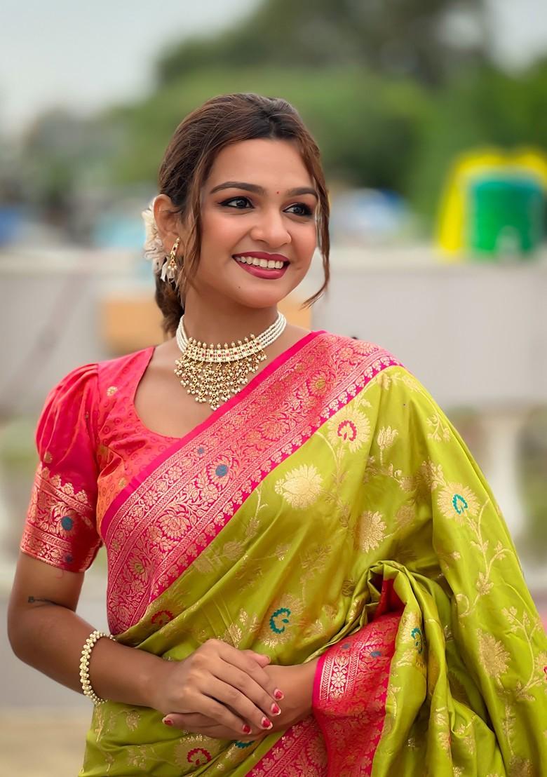 Green Zari Printed Blended Saree Set - Indya