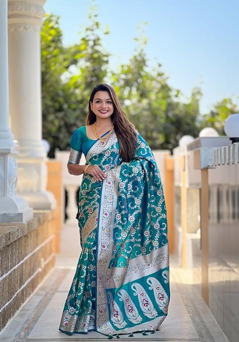 Teal Zari Printed Blended Saree Set