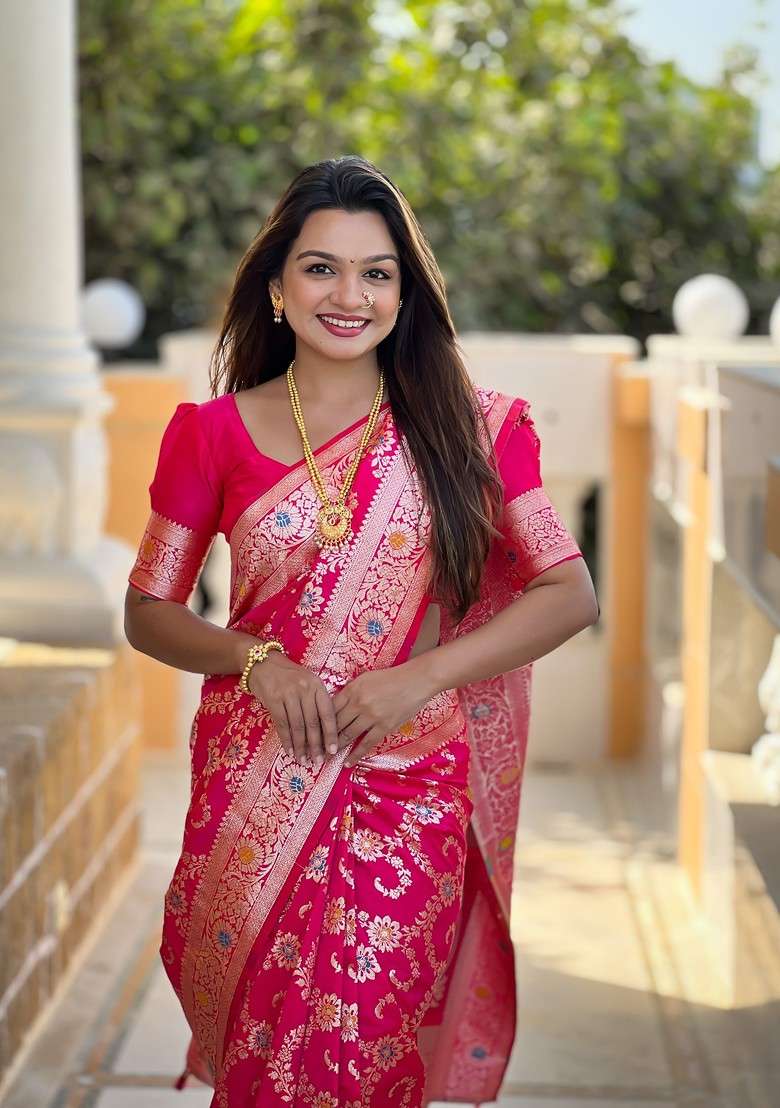Pink Zari Printed Blended Saree Set for Diwali and Festive Wear - Indya