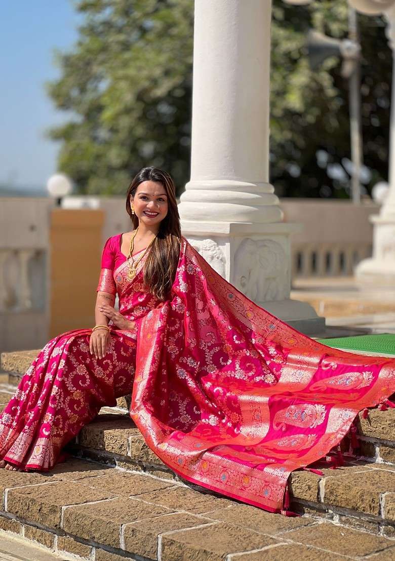 Pink Zari Printed Blended Saree Set for Diwali and Festive Wear - Indya