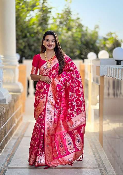 Pink Zari Printed Blended Saree Set for Diwali and Festive Wear