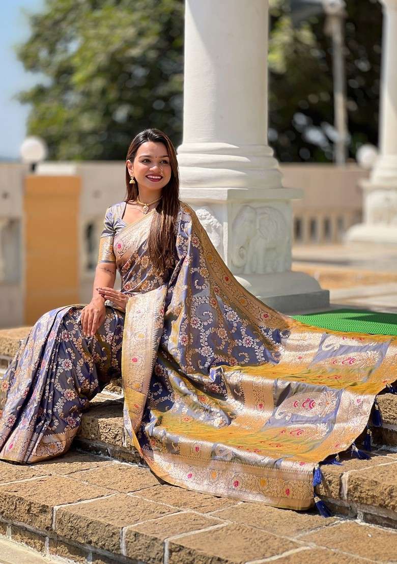 Grey Zari Printed Blended Saree Set for Diwali and Festive Wear - Indya