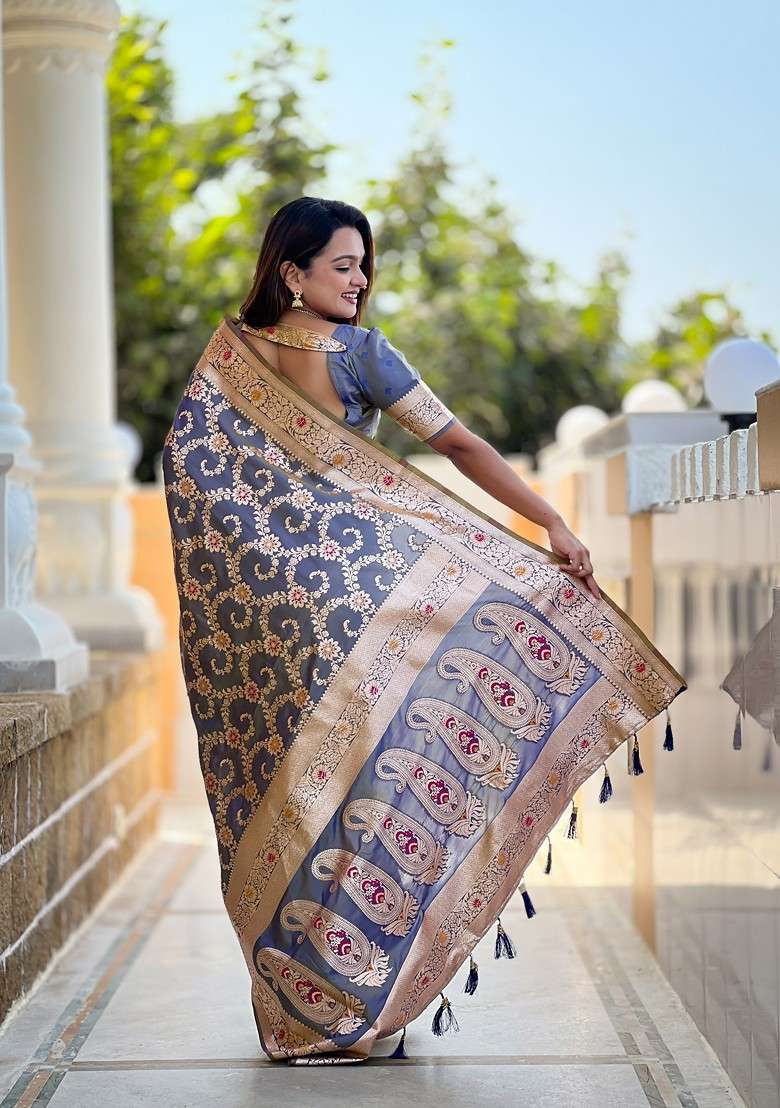 Grey Zari Printed Blended Saree Set for Diwali and Festive Wear - Indya