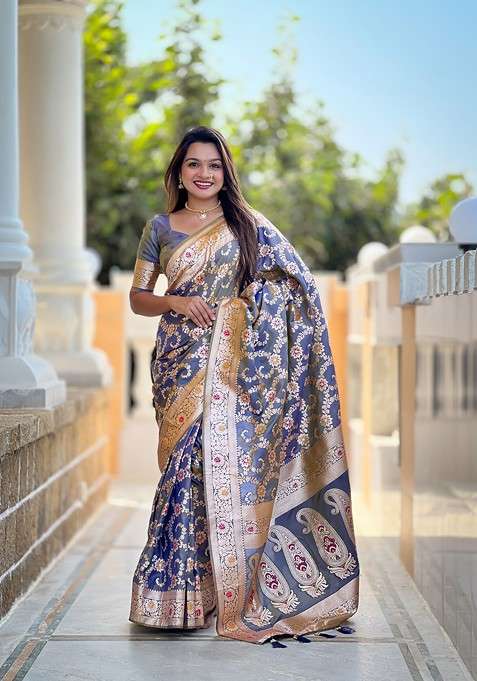 Grey Zari Printed Blended Saree Set for Diwali and Festive Wear