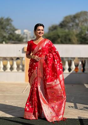 Red Zari Printed Blended Saree Set