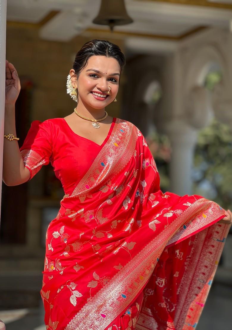 Red Zari Printed Blended Saree Set - Indya