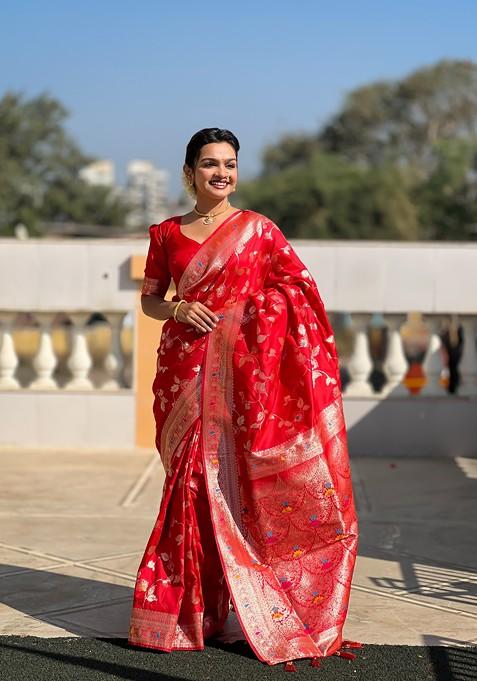 Red Zari Printed Blended Saree Set