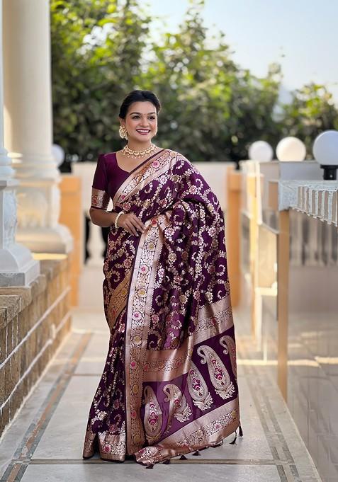 Burgundy Zari Printed Blended Saree Set
