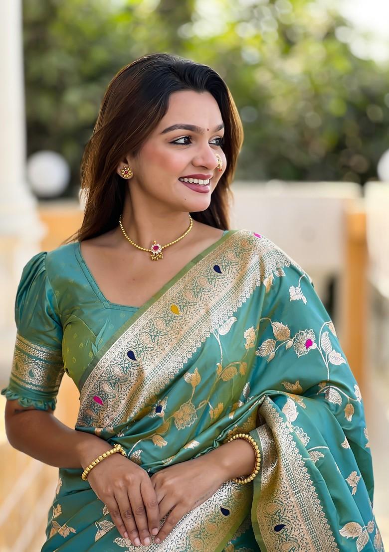 Teal Zari Printed Blended Saree Set - Indya