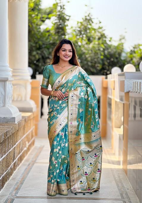 Teal Zari Printed Blended Saree Set