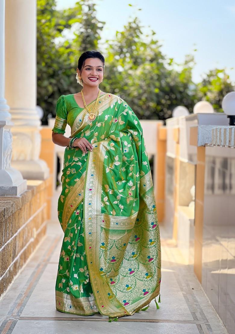 Green Zari Printed Blended Saree Set - Indya
