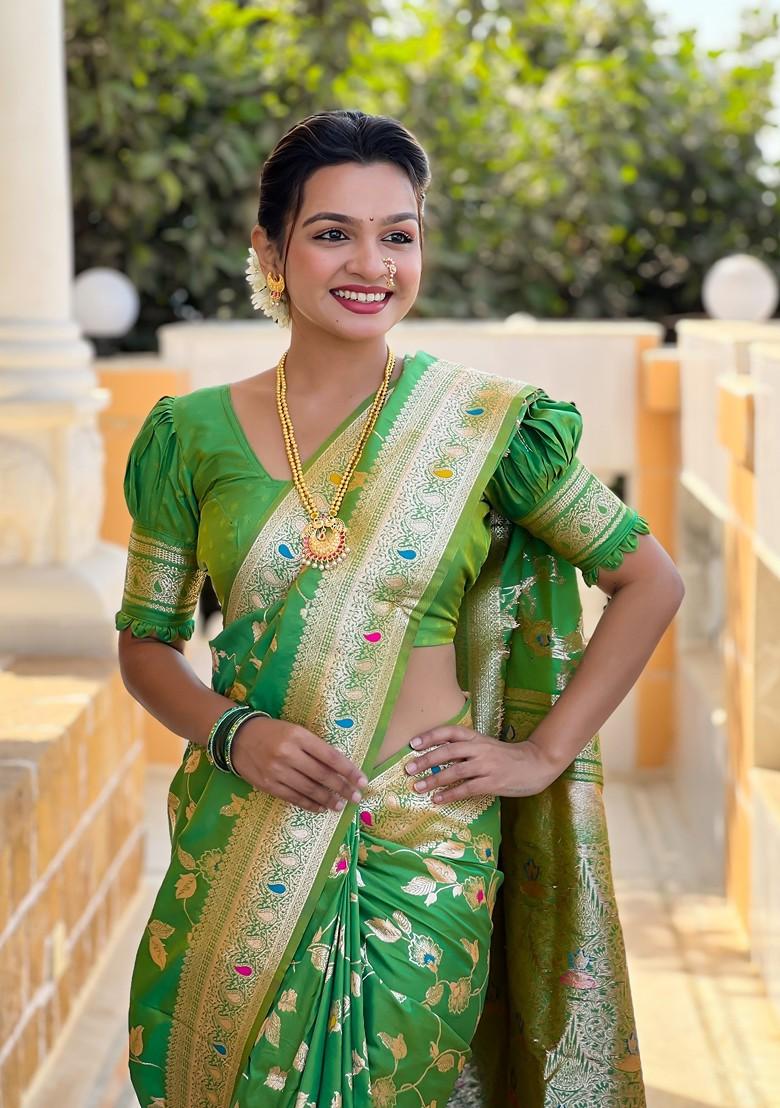 Green Zari Printed Blended Saree Set - Indya