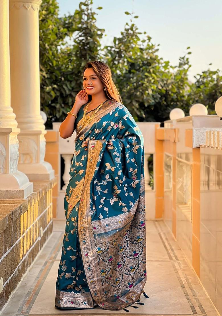 Blue Zari Printed Blended Saree Set - Indya