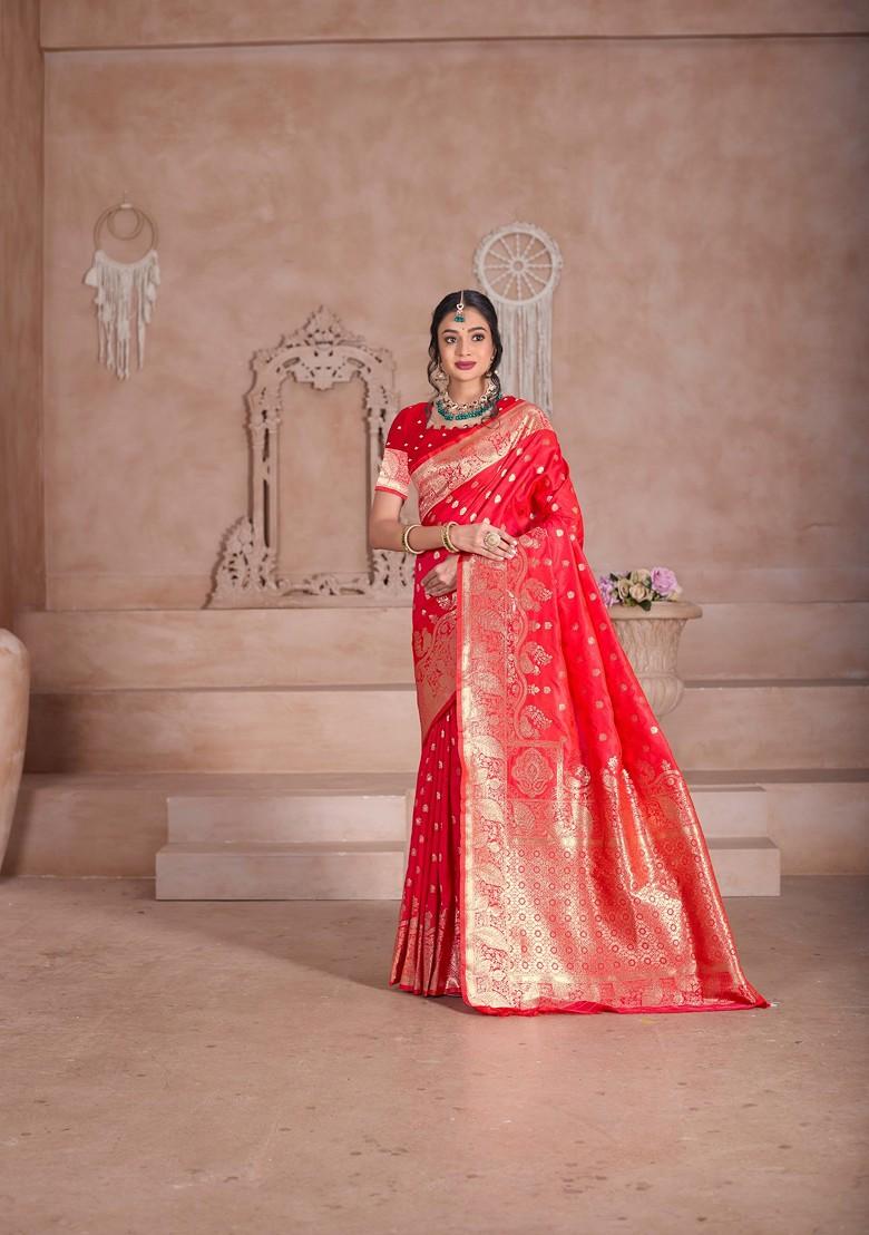Red Zari Printed Blended Saree Set - Indya