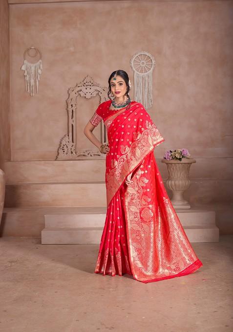 Red Zari Printed Blended Saree Set