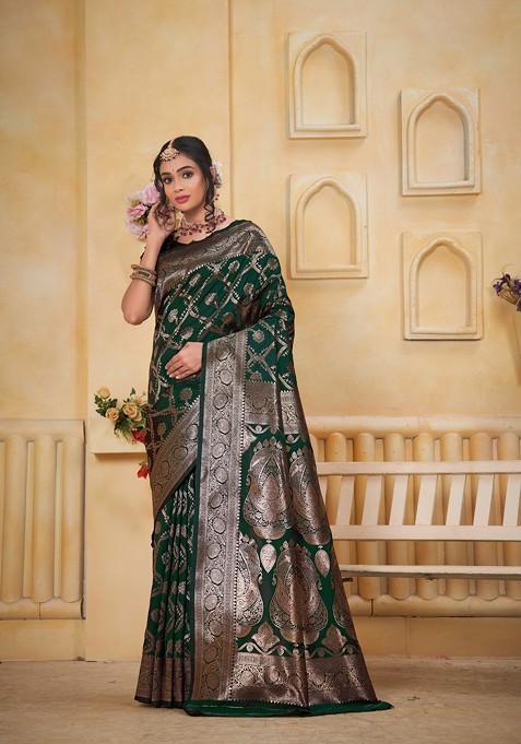 Green Zari Printed Blended Saree Set