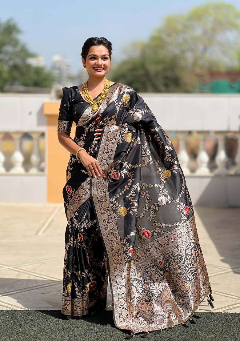 Black Zari Printed Blended Saree Set for Diwali and Festive Wear - Indya