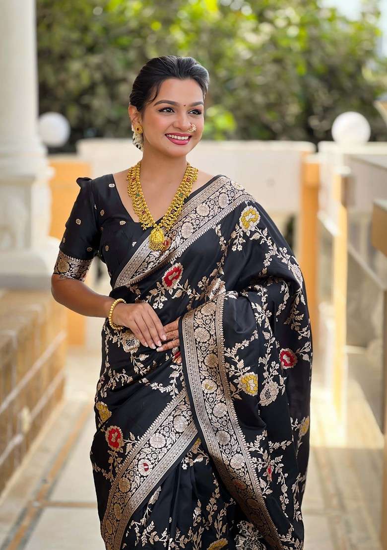 Black Zari Printed Blended Saree Set for Diwali and Festive Wear - Indya