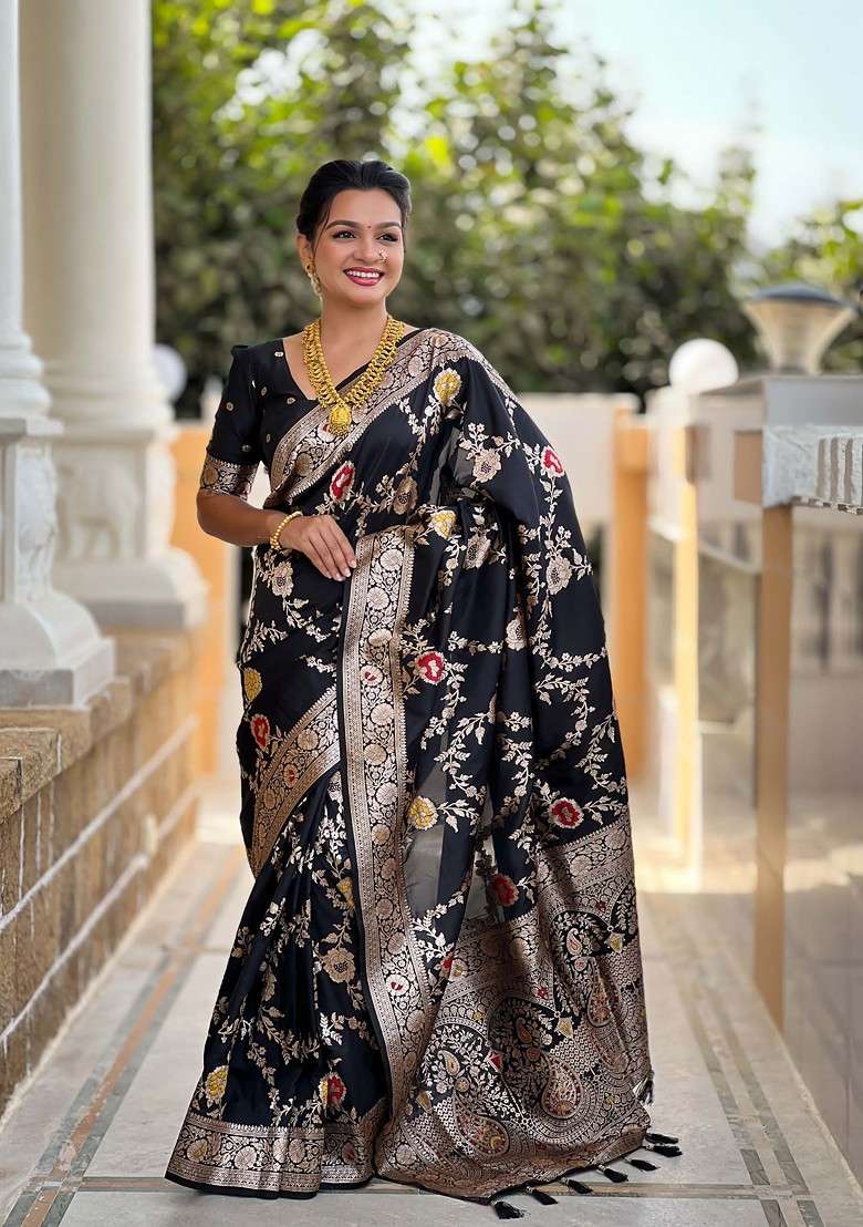 Black Zari Printed Blended Saree Set for Diwali and Festive Wear - Indya
