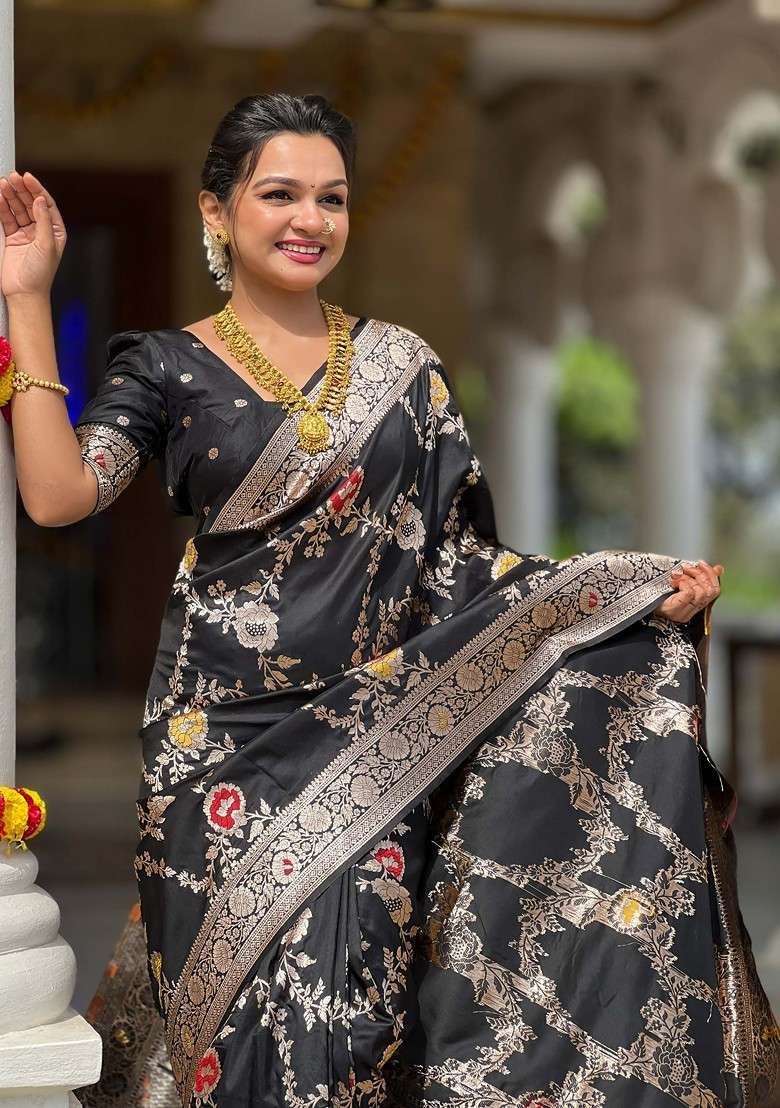 Black Zari Printed Blended Saree Set for Diwali and Festive Wear - Indya