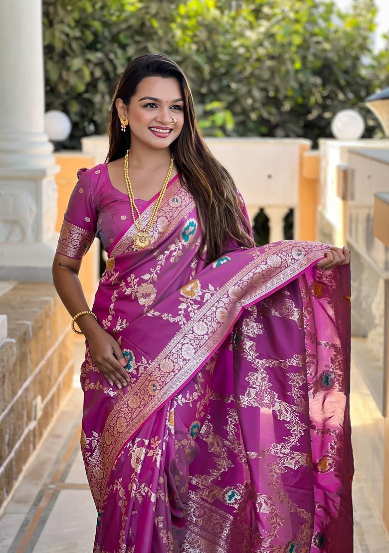 Magenta Zari Printed Blended Saree Set - Indya