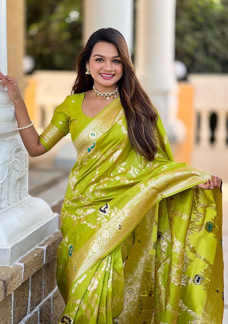 Green Zari Printed Blended Saree Set - Indya