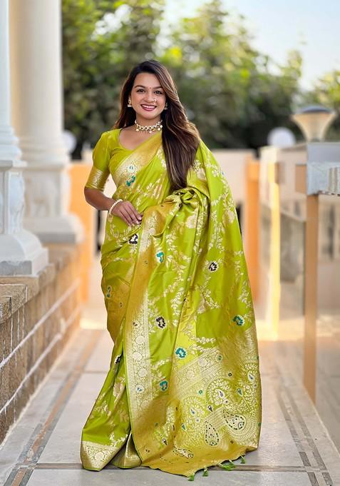 Green Zari Printed Blended Saree Set