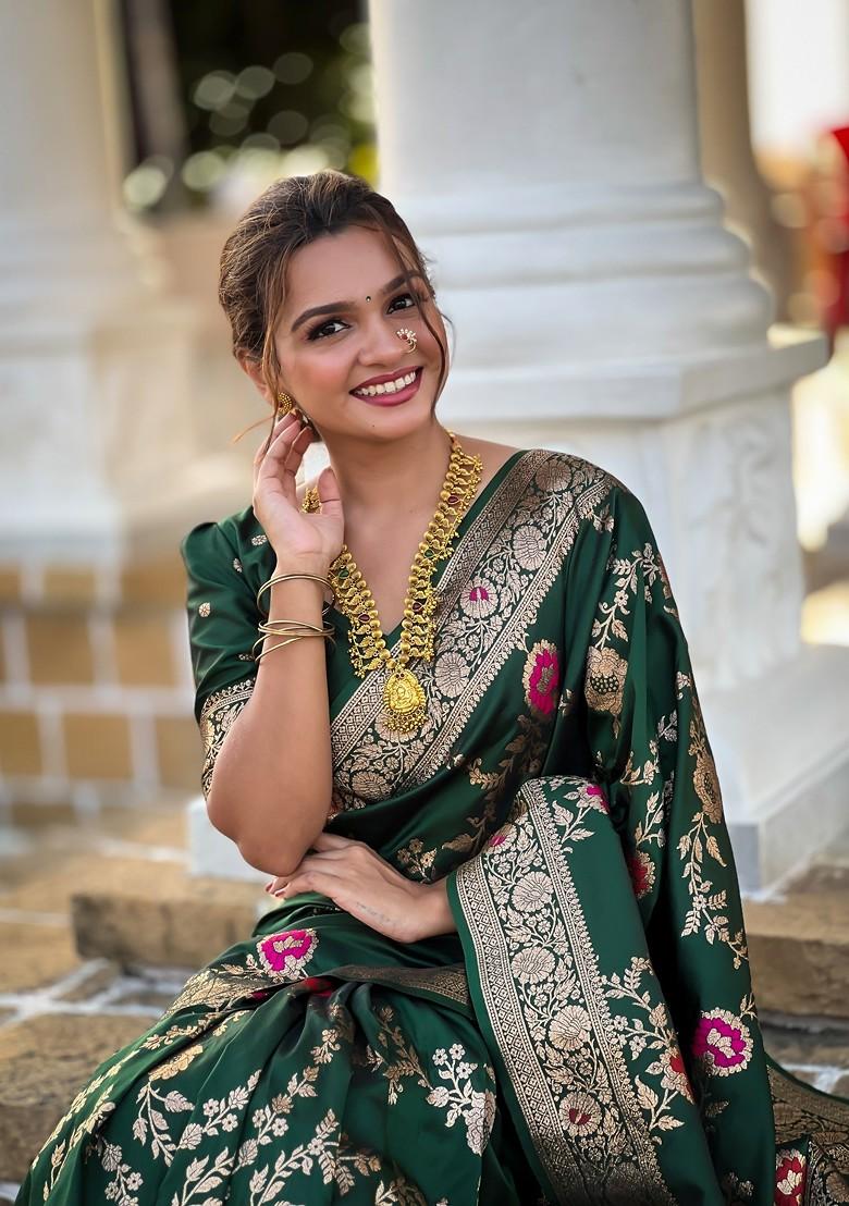 Green Zari Printed Blended Saree Set - Indya