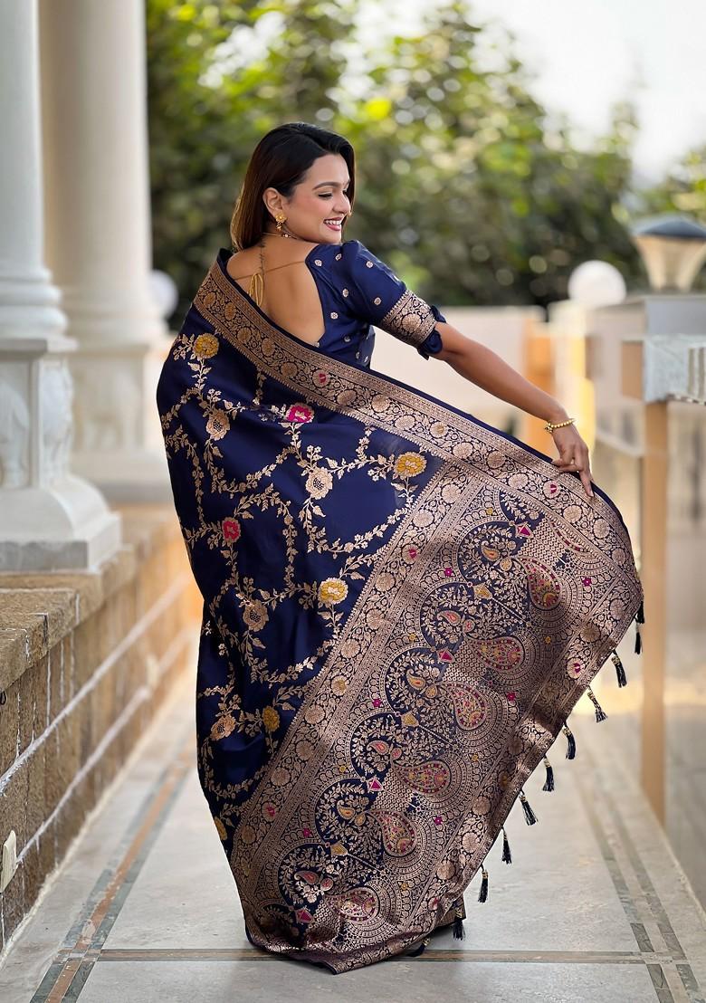 Blue Zari Printed Blended Saree Set - Indya