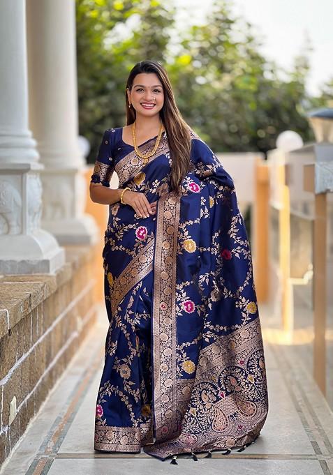 Blue Zari Printed Blended Saree Set