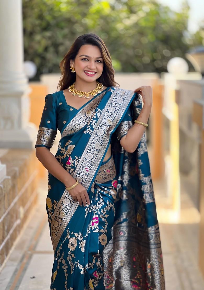 Blue Zari Printed Blended Saree Set - Indya