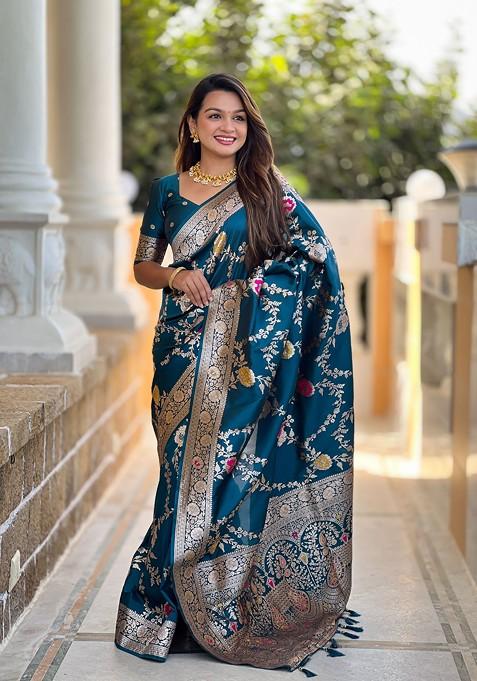 Blue Zari Printed Blended Saree Set
