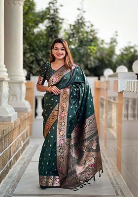 Green Zari Printed Blended Saree Set