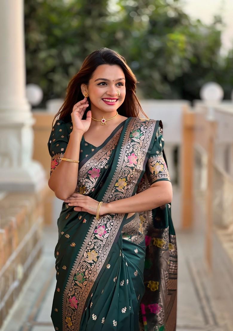 Green Zari Printed Blended Saree Set - Indya