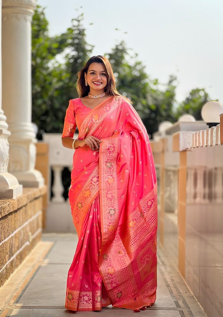Peach Zari Printed Blended Saree Set - Indya
