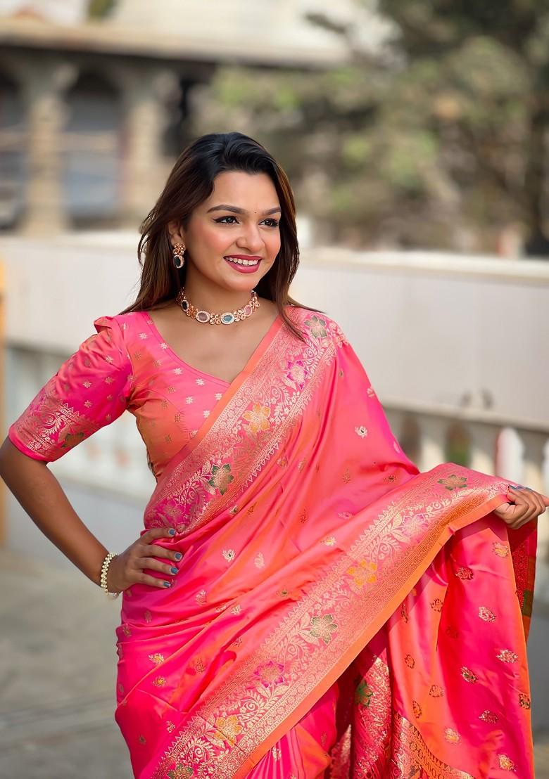 Peach Zari Printed Blended Saree Set - Indya