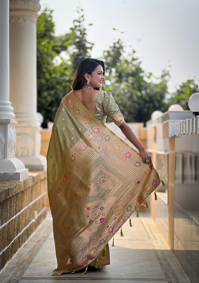 Green Zari Printed Blended Saree Set - Indya
