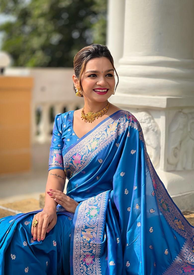Blue Zari Printed Blended Saree Set - Indya